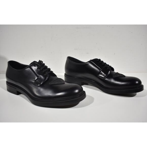 Prada Black Leather Triangle Logo Derby Loafer Lace Up Flat UK 12.5 US 13.5 main image 5